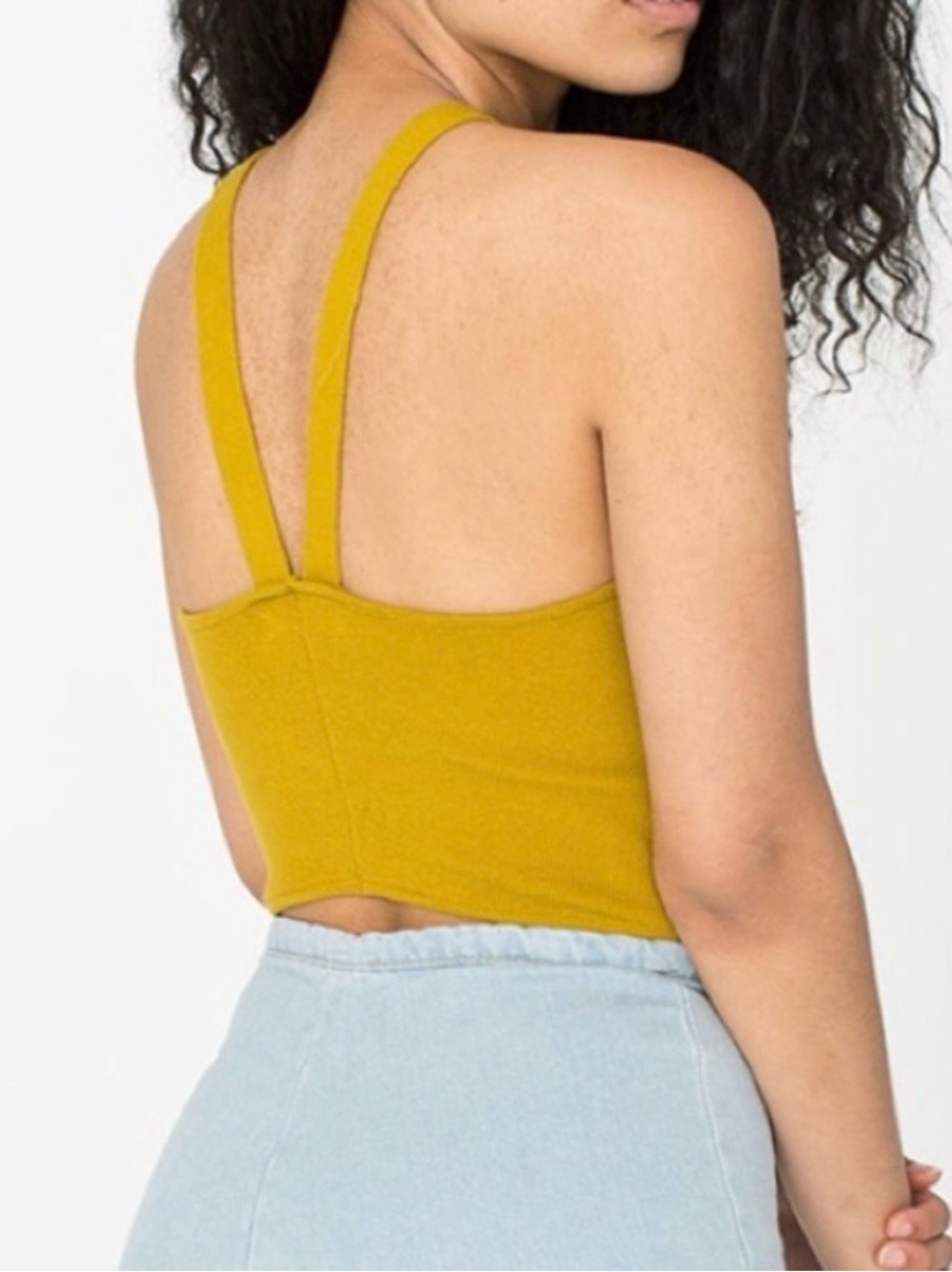 American Apparel Mustard Yellow green knit knitted high neck crop top tank